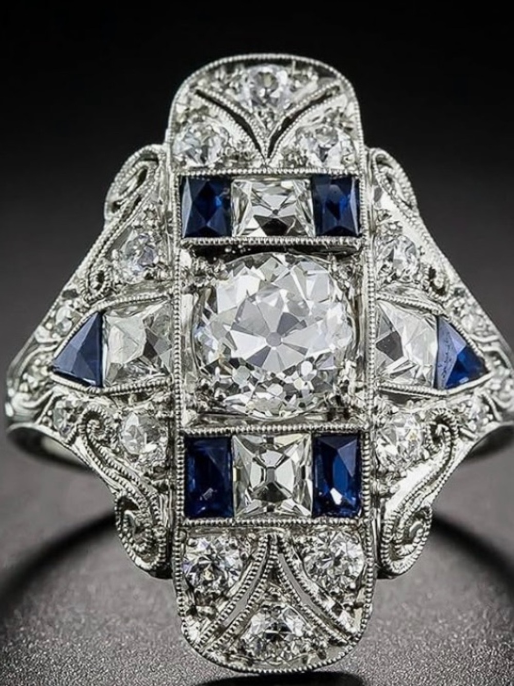 💙 NEW Stunning Vintage-Style Women's Platinum CZ Diamond & Blue Sapphire Ring 💙